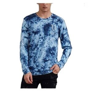 TShirt Mens XL Blue Long Sleeve Blue Tye Dye Shirt Graphic Tee Cotton Casual B2